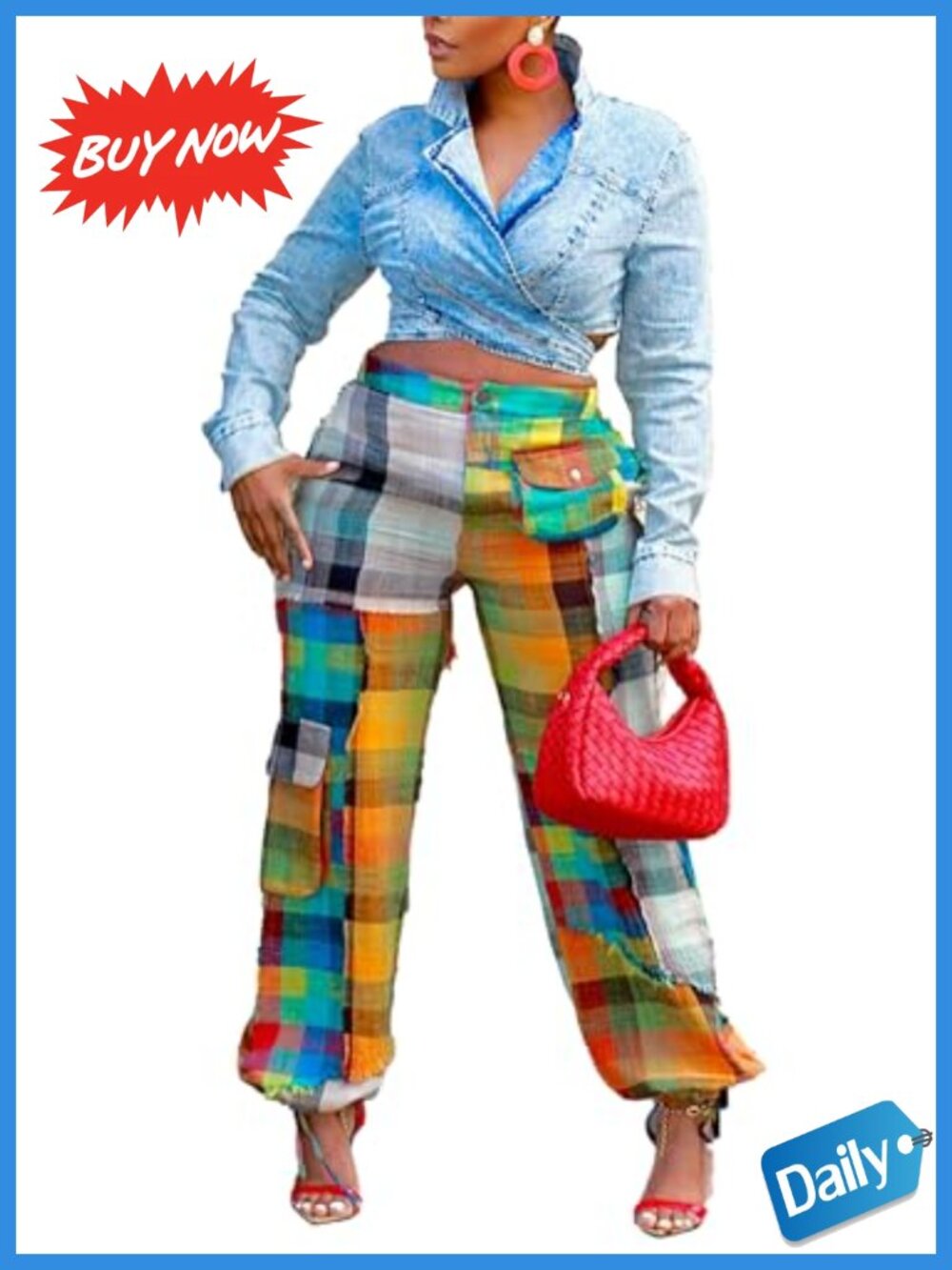 Women's Cargo Pants Baggy Wide Leg High Rise Plaid Trousers